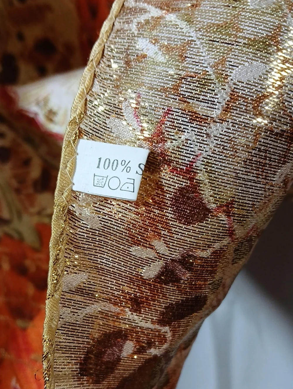 Womens Floral Silk Scarf Metallic Gold 34 Inch Square Orange Red